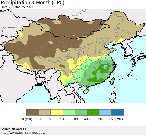 China, Mongolia and Taiwan Precipitation 3-Month (CPC) Thematic Map For 12/26/2021 - 3/25/2022