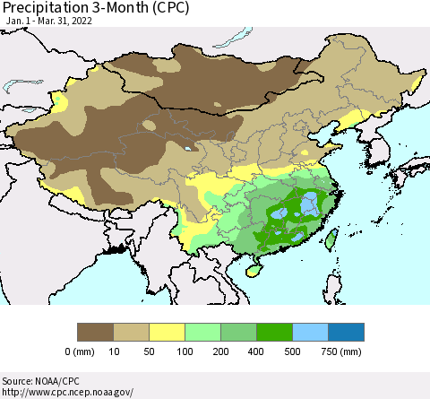 China, Mongolia and Taiwan Precipitation 3-Month (CPC) Thematic Map For 1/1/2022 - 3/31/2022