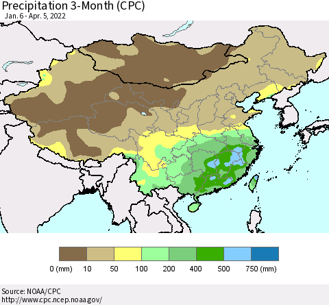 China, Mongolia and Taiwan Precipitation 3-Month (CPC) Thematic Map For 1/6/2022 - 4/5/2022