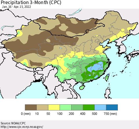 China, Mongolia and Taiwan Precipitation 3-Month (CPC) Thematic Map For 1/16/2022 - 4/15/2022