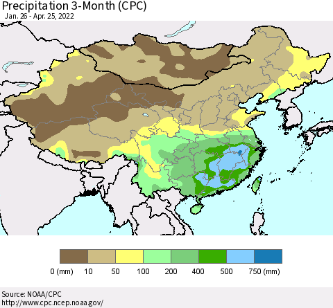 China, Mongolia and Taiwan Precipitation 3-Month (CPC) Thematic Map For 1/26/2022 - 4/25/2022