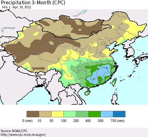 China, Mongolia and Taiwan Precipitation 3-Month (CPC) Thematic Map For 2/1/2022 - 4/30/2022
