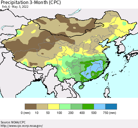 China, Mongolia and Taiwan Precipitation 3-Month (CPC) Thematic Map For 2/6/2022 - 5/5/2022