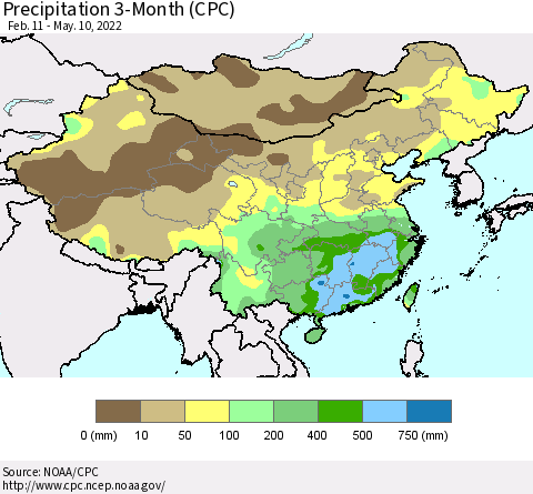 China, Mongolia and Taiwan Precipitation 3-Month (CPC) Thematic Map For 2/11/2022 - 5/10/2022