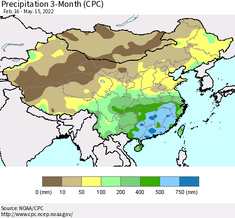 China, Mongolia and Taiwan Precipitation 3-Month (CPC) Thematic Map For 2/16/2022 - 5/15/2022