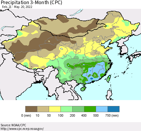 China, Mongolia and Taiwan Precipitation 3-Month (CPC) Thematic Map For 2/21/2022 - 5/20/2022