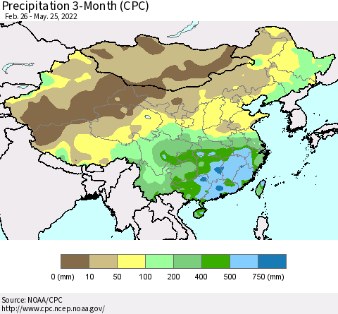 China, Mongolia and Taiwan Precipitation 3-Month (CPC) Thematic Map For 2/26/2022 - 5/25/2022