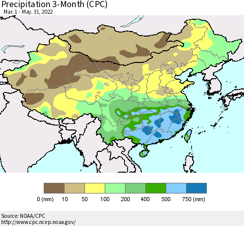 China, Mongolia and Taiwan Precipitation 3-Month (CPC) Thematic Map For 3/1/2022 - 5/31/2022