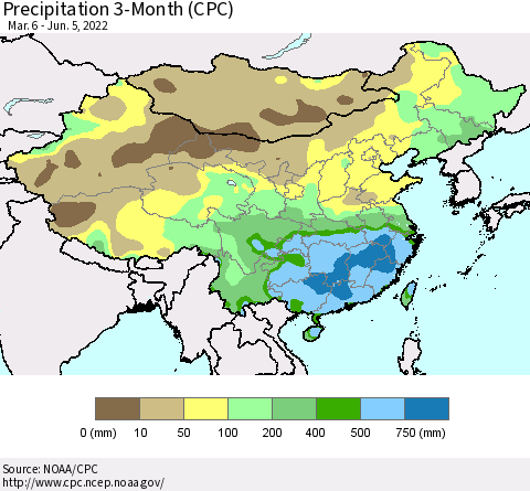 China, Mongolia and Taiwan Precipitation 3-Month (CPC) Thematic Map For 3/6/2022 - 6/5/2022