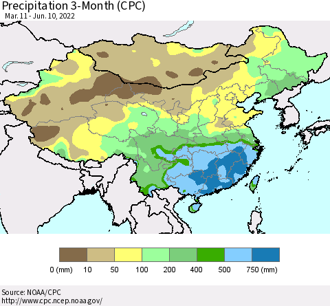 China, Mongolia and Taiwan Precipitation 3-Month (CPC) Thematic Map For 3/11/2022 - 6/10/2022