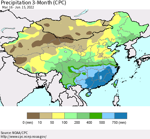 China, Mongolia and Taiwan Precipitation 3-Month (CPC) Thematic Map For 3/16/2022 - 6/15/2022