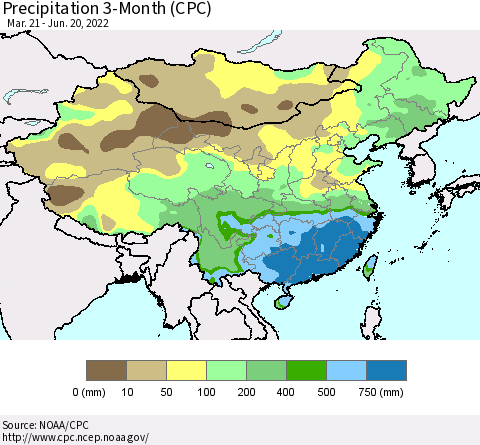 China, Mongolia and Taiwan Precipitation 3-Month (CPC) Thematic Map For 3/21/2022 - 6/20/2022