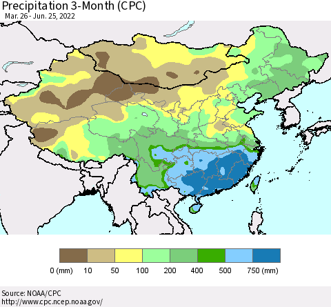 China, Mongolia and Taiwan Precipitation 3-Month (CPC) Thematic Map For 3/26/2022 - 6/25/2022