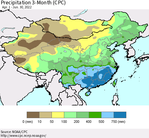 China, Mongolia and Taiwan Precipitation 3-Month (CPC) Thematic Map For 4/1/2022 - 6/30/2022