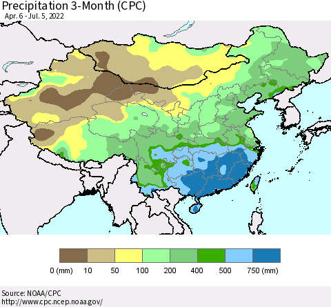 China, Mongolia and Taiwan Precipitation 3-Month (CPC) Thematic Map For 4/6/2022 - 7/5/2022