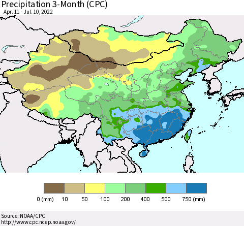China, Mongolia and Taiwan Precipitation 3-Month (CPC) Thematic Map For 4/11/2022 - 7/10/2022