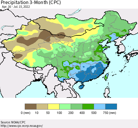 China, Mongolia and Taiwan Precipitation 3-Month (CPC) Thematic Map For 4/16/2022 - 7/15/2022