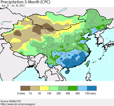 China, Mongolia and Taiwan Precipitation 3-Month (CPC) Thematic Map For 4/21/2022 - 7/20/2022