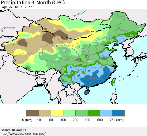 China, Mongolia and Taiwan Precipitation 3-Month (CPC) Thematic Map For 4/26/2022 - 7/25/2022