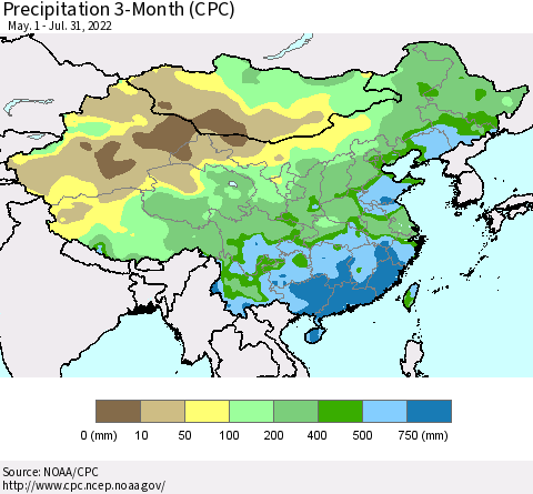 China, Mongolia and Taiwan Precipitation 3-Month (CPC) Thematic Map For 5/1/2022 - 7/31/2022