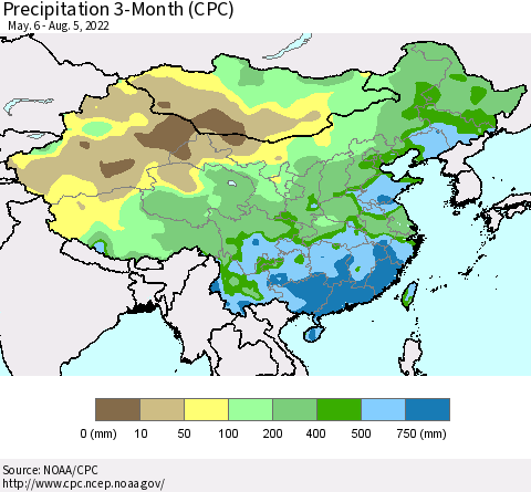 China, Mongolia and Taiwan Precipitation 3-Month (CPC) Thematic Map For 5/6/2022 - 8/5/2022