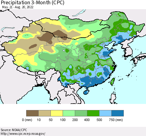 China, Mongolia and Taiwan Precipitation 3-Month (CPC) Thematic Map For 5/21/2022 - 8/20/2022