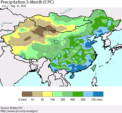 China, Mongolia and Taiwan Precipitation 3-Month (CPC) Thematic Map For 6/1/2022 - 8/31/2022