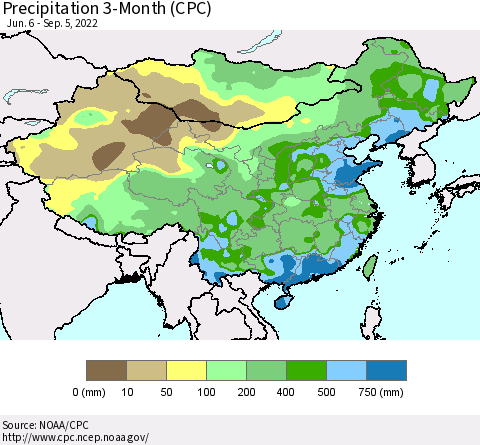 China, Mongolia and Taiwan Precipitation 3-Month (CPC) Thematic Map For 6/6/2022 - 9/5/2022