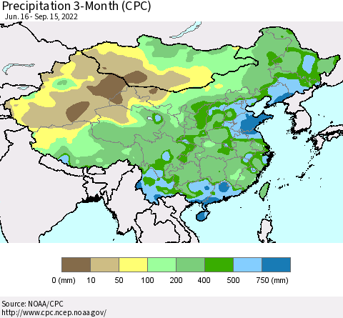 China, Mongolia and Taiwan Precipitation 3-Month (CPC) Thematic Map For 6/16/2022 - 9/15/2022
