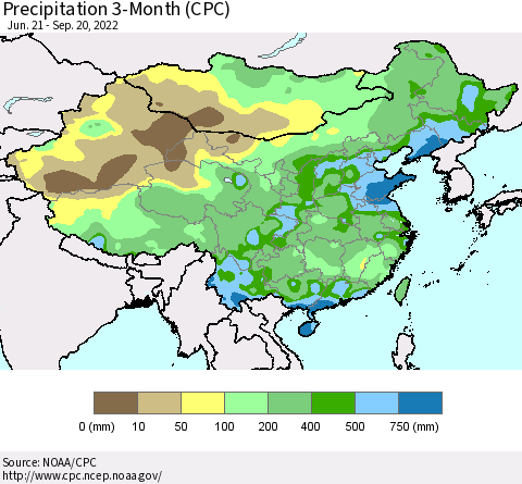 China, Mongolia and Taiwan Precipitation 3-Month (CPC) Thematic Map For 6/21/2022 - 9/20/2022