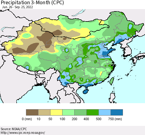 China, Mongolia and Taiwan Precipitation 3-Month (CPC) Thematic Map For 6/26/2022 - 9/25/2022