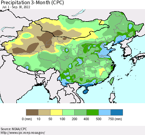 China, Mongolia and Taiwan Precipitation 3-Month (CPC) Thematic Map For 7/1/2022 - 9/30/2022