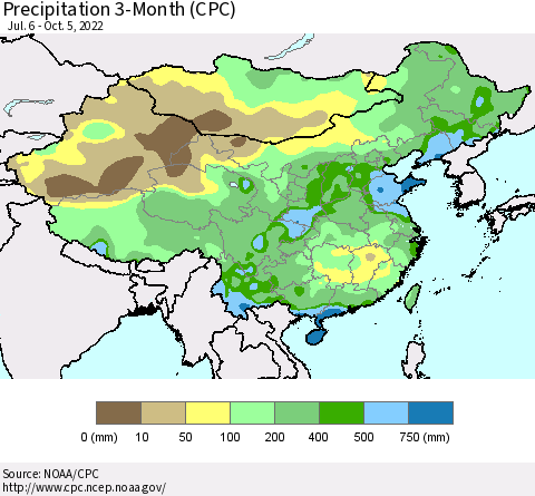 China, Mongolia and Taiwan Precipitation 3-Month (CPC) Thematic Map For 7/6/2022 - 10/5/2022
