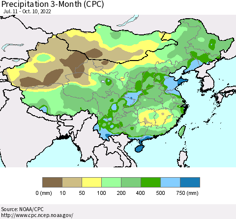 China, Mongolia and Taiwan Precipitation 3-Month (CPC) Thematic Map For 7/11/2022 - 10/10/2022