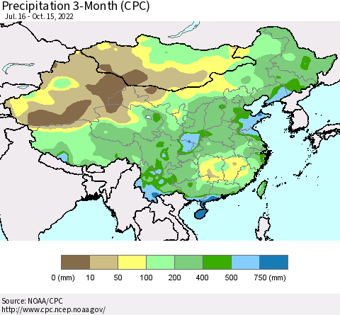 China, Mongolia and Taiwan Precipitation 3-Month (CPC) Thematic Map For 7/16/2022 - 10/15/2022