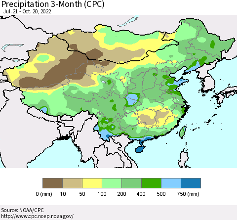 China, Mongolia and Taiwan Precipitation 3-Month (CPC) Thematic Map For 7/21/2022 - 10/20/2022