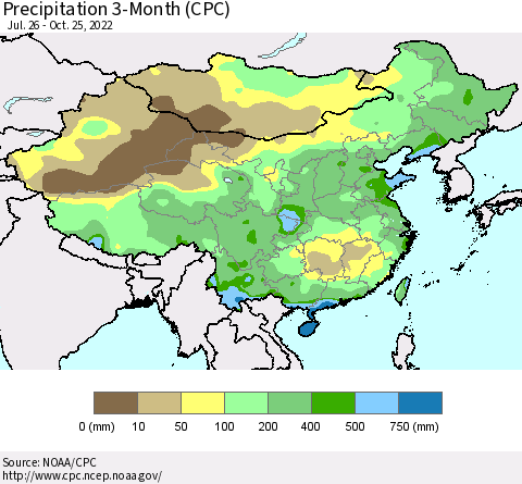 China, Mongolia and Taiwan Precipitation 3-Month (CPC) Thematic Map For 7/26/2022 - 10/25/2022