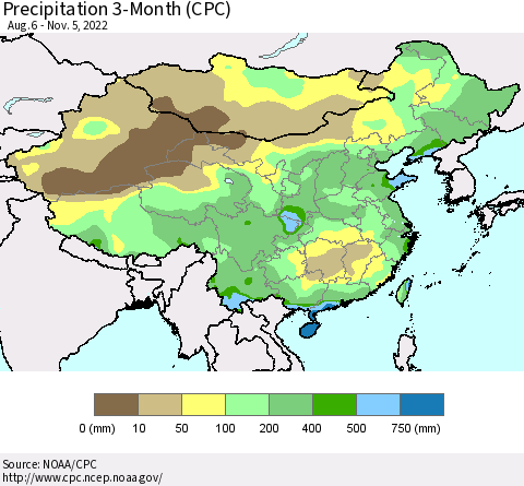 China, Mongolia and Taiwan Precipitation 3-Month (CPC) Thematic Map For 8/6/2022 - 11/5/2022