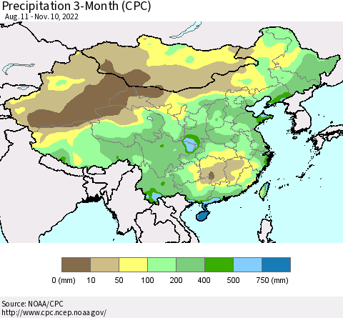 China, Mongolia and Taiwan Precipitation 3-Month (CPC) Thematic Map For 8/11/2022 - 11/10/2022