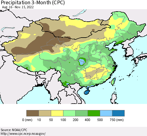 China, Mongolia and Taiwan Precipitation 3-Month (CPC) Thematic Map For 8/16/2022 - 11/15/2022