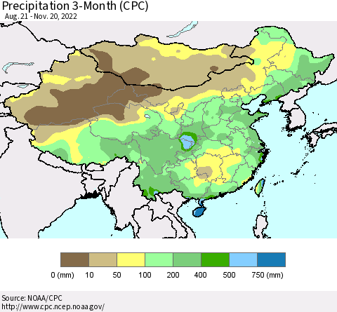 China, Mongolia and Taiwan Precipitation 3-Month (CPC) Thematic Map For 8/21/2022 - 11/20/2022