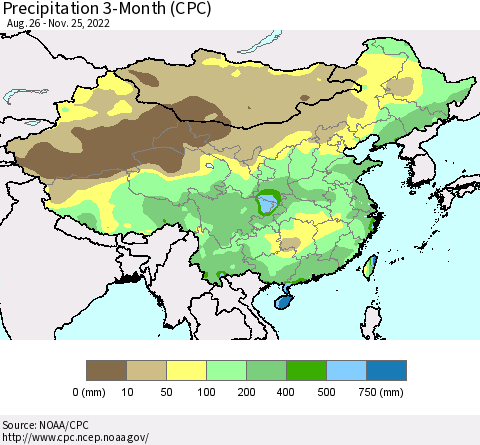 China, Mongolia and Taiwan Precipitation 3-Month (CPC) Thematic Map For 8/26/2022 - 11/25/2022