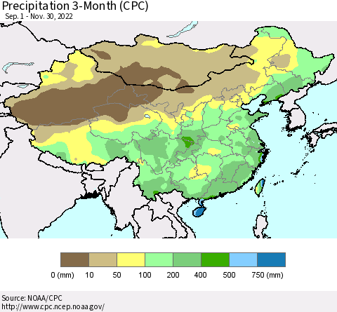 China, Mongolia and Taiwan Precipitation 3-Month (CPC) Thematic Map For 9/1/2022 - 11/30/2022