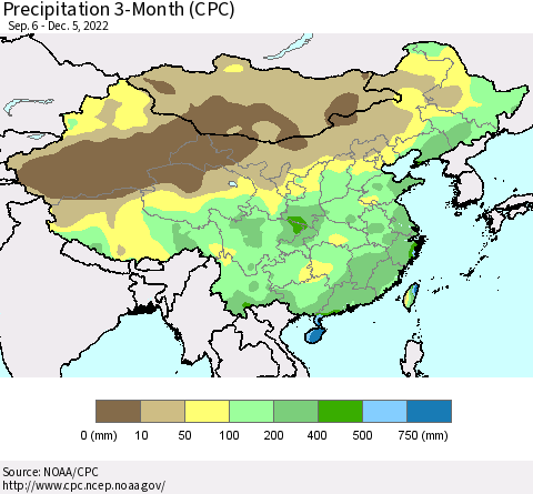 China, Mongolia and Taiwan Precipitation 3-Month (CPC) Thematic Map For 9/6/2022 - 12/5/2022