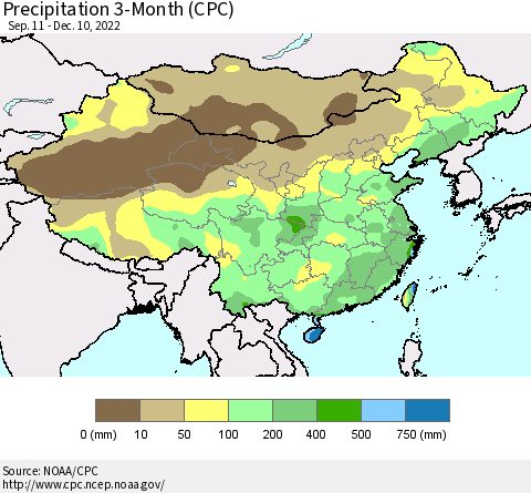 China, Mongolia and Taiwan Precipitation 3-Month (CPC) Thematic Map For 9/11/2022 - 12/10/2022