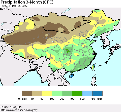 China, Mongolia and Taiwan Precipitation 3-Month (CPC) Thematic Map For 9/16/2022 - 12/15/2022