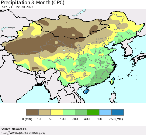 China, Mongolia and Taiwan Precipitation 3-Month (CPC) Thematic Map For 9/21/2022 - 12/20/2022