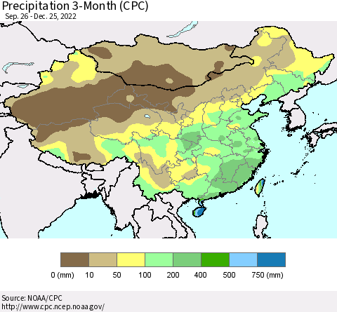 China, Mongolia and Taiwan Precipitation 3-Month (CPC) Thematic Map For 9/26/2022 - 12/25/2022