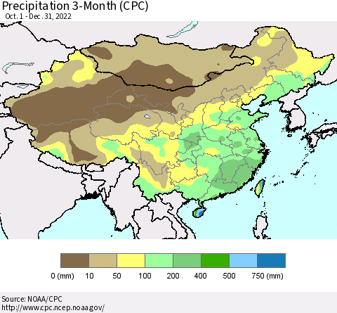 China, Mongolia and Taiwan Precipitation 3-Month (CPC) Thematic Map For 10/1/2022 - 12/31/2022