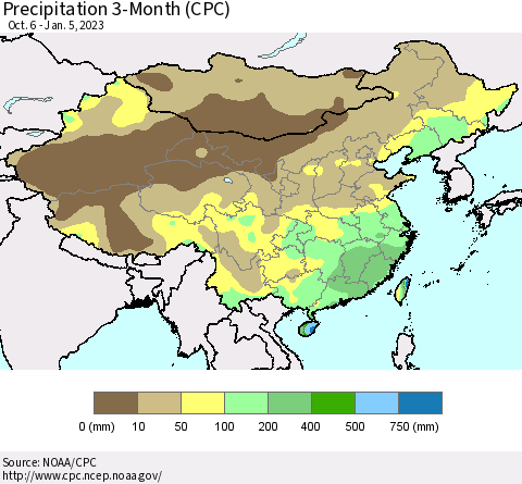 China, Mongolia and Taiwan Precipitation 3-Month (CPC) Thematic Map For 10/6/2022 - 1/5/2023
